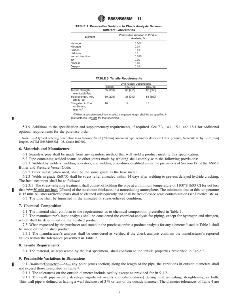 REDLINE ASTM B658/B658M-11 - Standard Specification for Seamless and Welded Zirconium and Zirconium Alloy Pipe