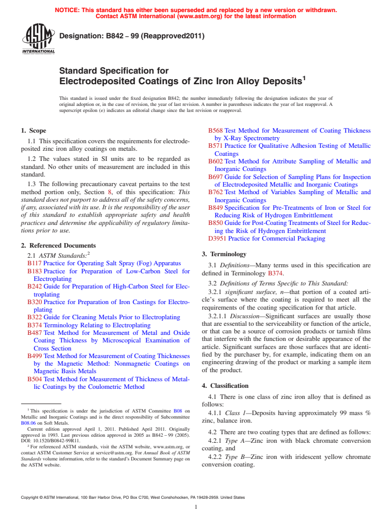 ASTM B842-99(2011) - Standard Specification for Electrodeposited Coatings for Zinc Iron Alloy Deposits