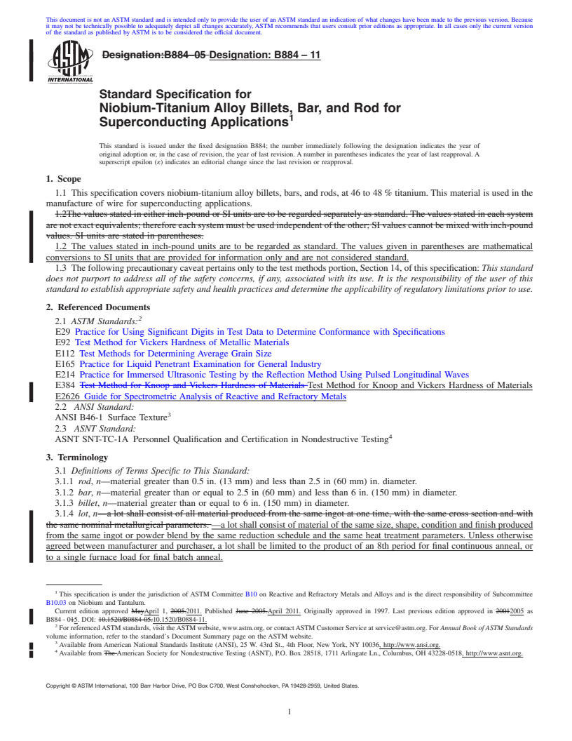 REDLINE ASTM B884-11 - Standard Specification for Niobium-Titanium Alloy Billets, Bar, and Rod for Superconducting Applications