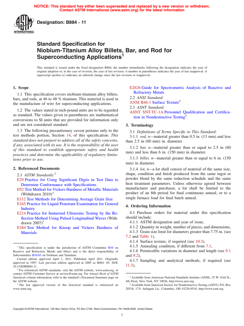 ASTM B884-11 - Standard Specification for Niobium-Titanium Alloy Billets, Bar, and Rod for Superconducting Applications