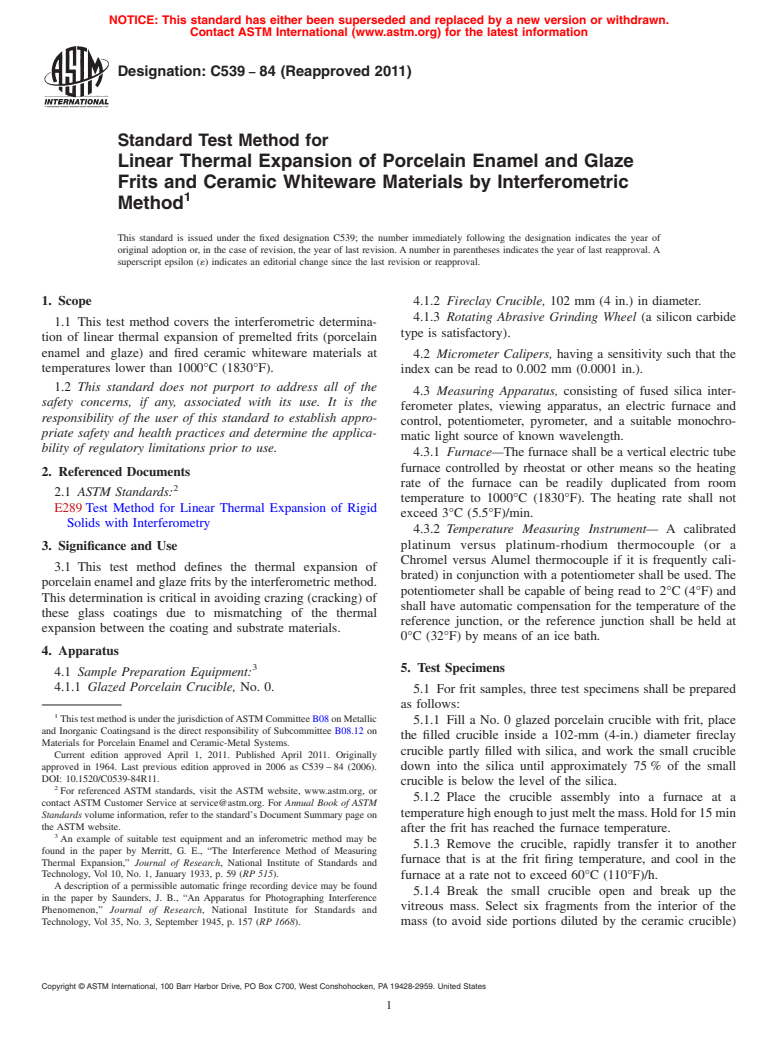 ASTM C539-84(2011) - Standard Test Method for Linear Thermal Expansion of Porcelain Enamel and Glaze Frits and Ceramic Whiteware Materials by Interferometric Method