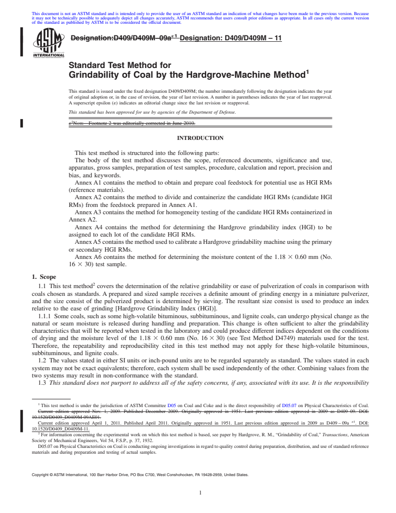 REDLINE ASTM D409/D409M-11 - Standard Test Method for Grindability of Coal by the Hardgrove-Machine Method