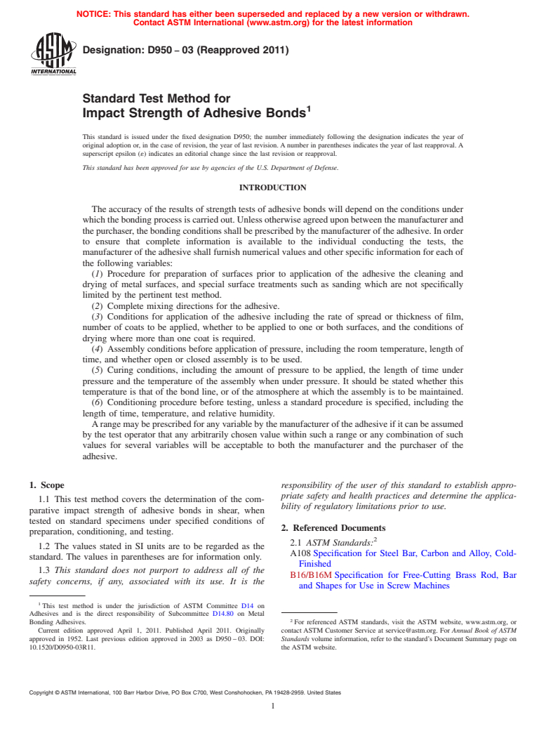 ASTM D950-03(2011) - Standard Test Method for Impact Strength of Adhesive Bonds
