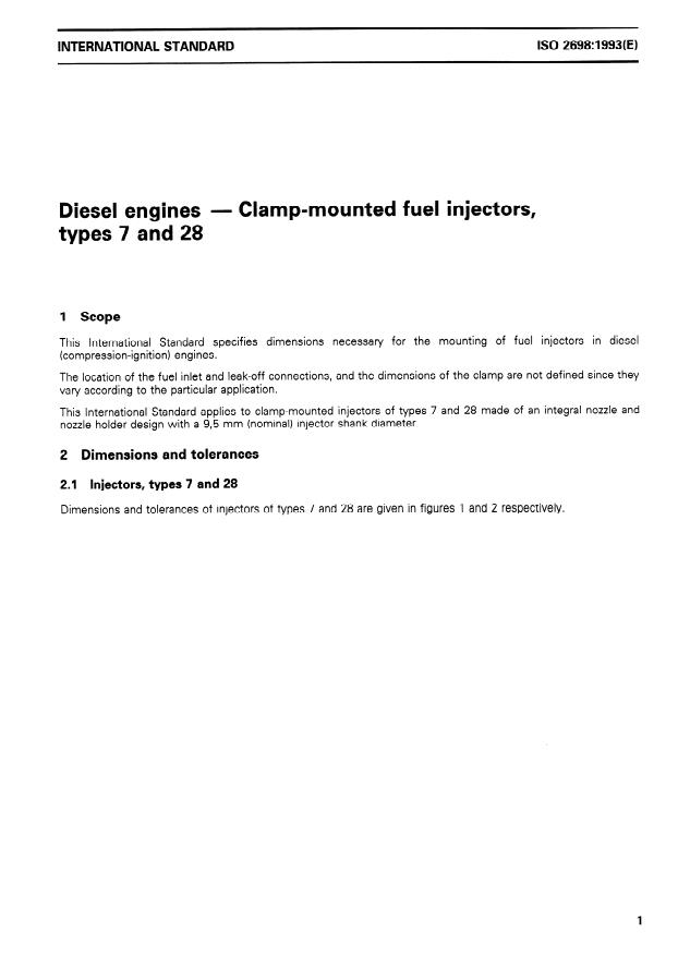 ISO 2698:1993 - Diesel engines -- Clamp-mounted fuel injectors, types 7 and 28