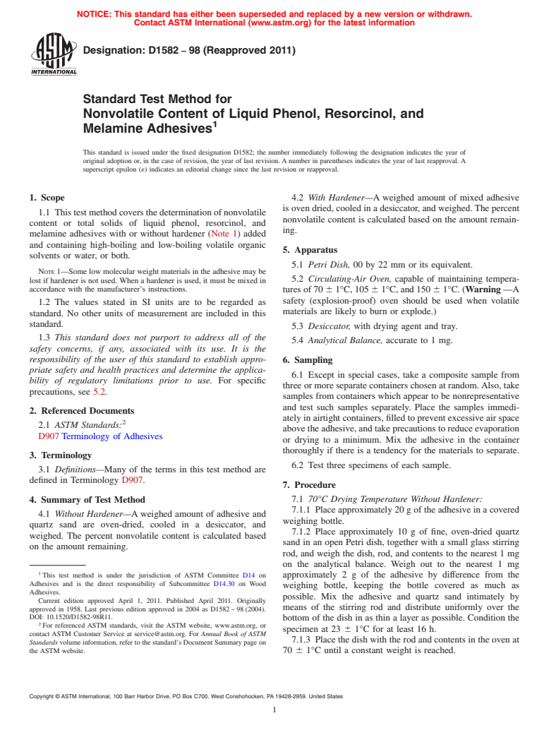 ASTM D1582-98(2011) - Standard Test Method for Nonvolatile Content of Liquid Phenol, Resorcinol, and Melamine Adhesives