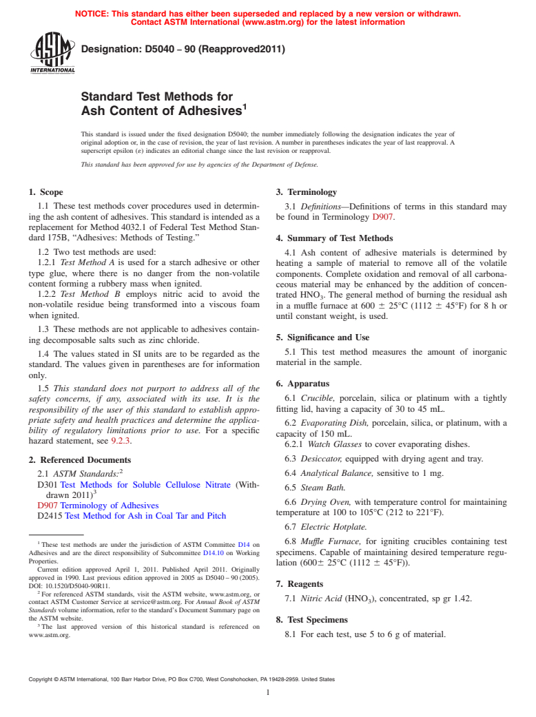 ASTM D5040-90(2011) - Standard Test Methods for Ash Content of Adhesives