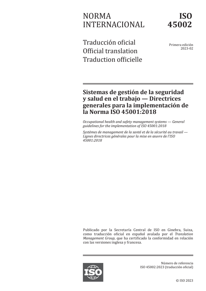 ISO 45002:2023 - Occupational health and safety management systems — General guidelines for the implementation of ISO 45001:2018
Released:1. 02. 2024