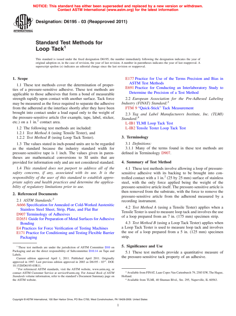 ASTM D6195-03(2011) - Standard Test Methods for Loop Tack