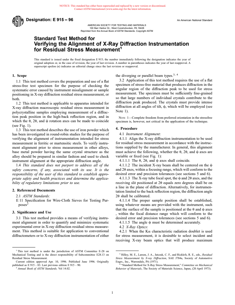 ASTM E915-96 - Standard Test Method for Verifying the Alignment of X-Ray Diffraction Instrumentation for Residual Stress Measurement