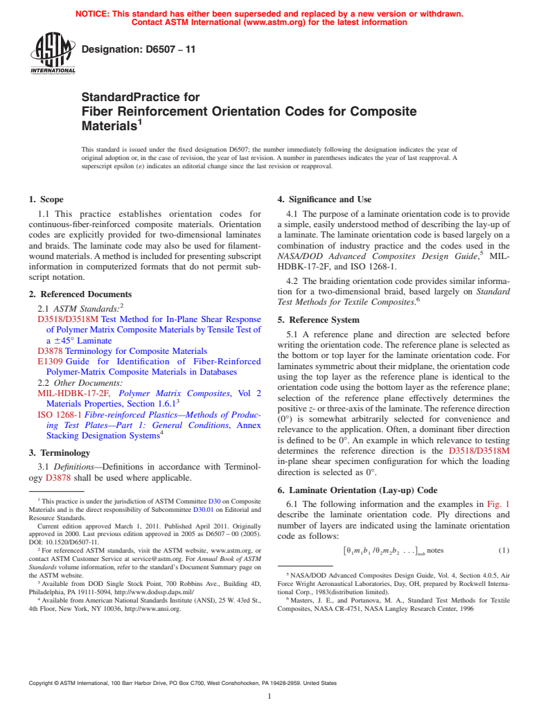 ASTM D6507-11 - Standard Practice for Fiber Reinforcement Orientation Codes for Composite Materials