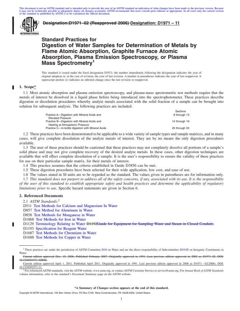 REDLINE ASTM D1971-11 - Standard Practices for Digestion of Water Samples for Determination of Metals by Flame Atomic Absorption, Graphite Furnace Atomic Absorption, Plasma Emission Spectroscopy, or Plasma Mass Spectrometry