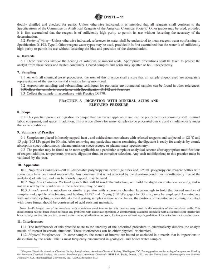 REDLINE ASTM D1971-11 - Standard Practices for Digestion of Water Samples for Determination of Metals by Flame Atomic Absorption, Graphite Furnace Atomic Absorption, Plasma Emission Spectroscopy, or Plasma Mass Spectrometry