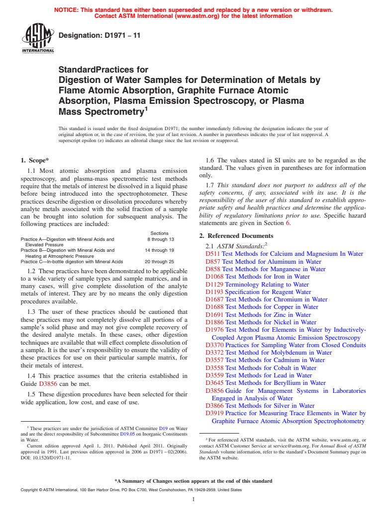 ASTM D1971-11 - Standard Practices for Digestion of Water Samples for Determination of Metals by Flame Atomic Absorption, Graphite Furnace Atomic Absorption, Plasma Emission Spectroscopy, or Plasma Mass Spectrometry