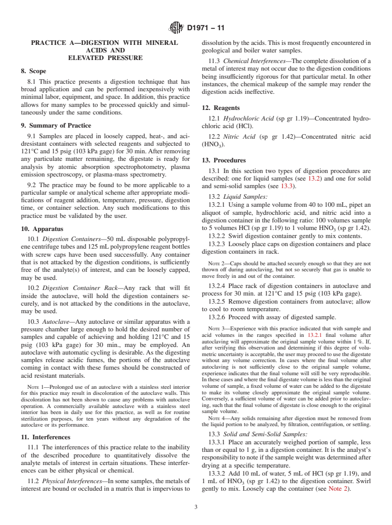 ASTM D1971-11 - Standard Practices for Digestion of Water Samples for Determination of Metals by Flame Atomic Absorption, Graphite Furnace Atomic Absorption, Plasma Emission Spectroscopy, or Plasma Mass Spectrometry