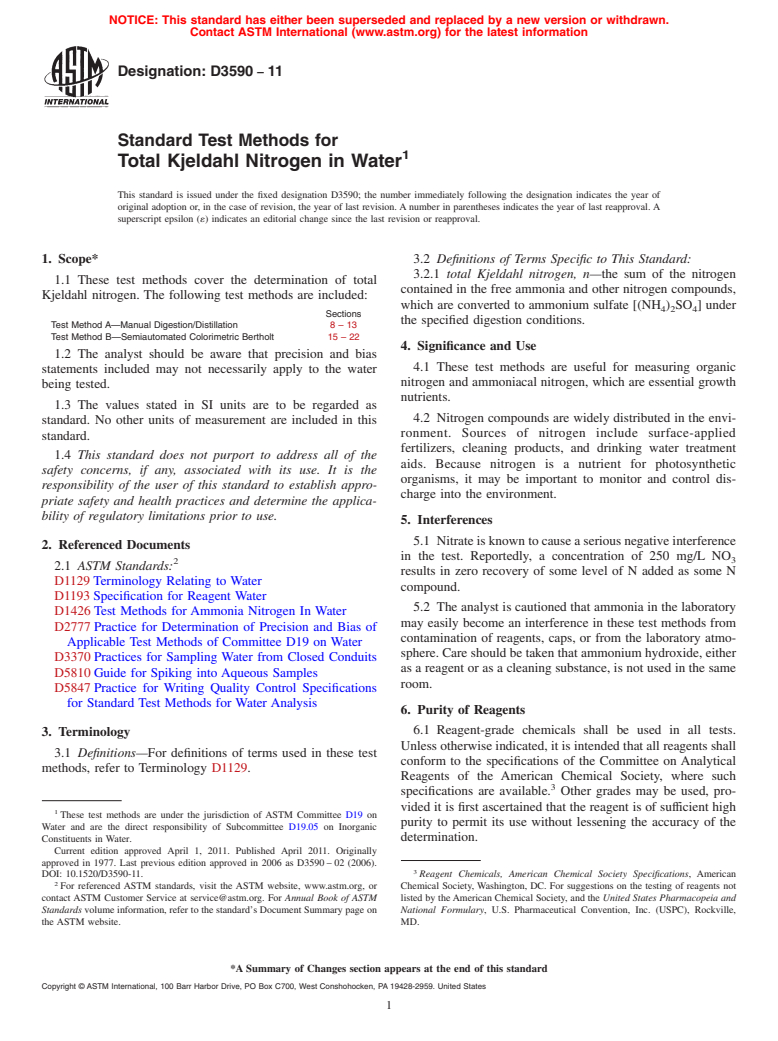 ASTM D3590-11 - Standard Test Methods for Total Kjeldahl Nitrogen in Water