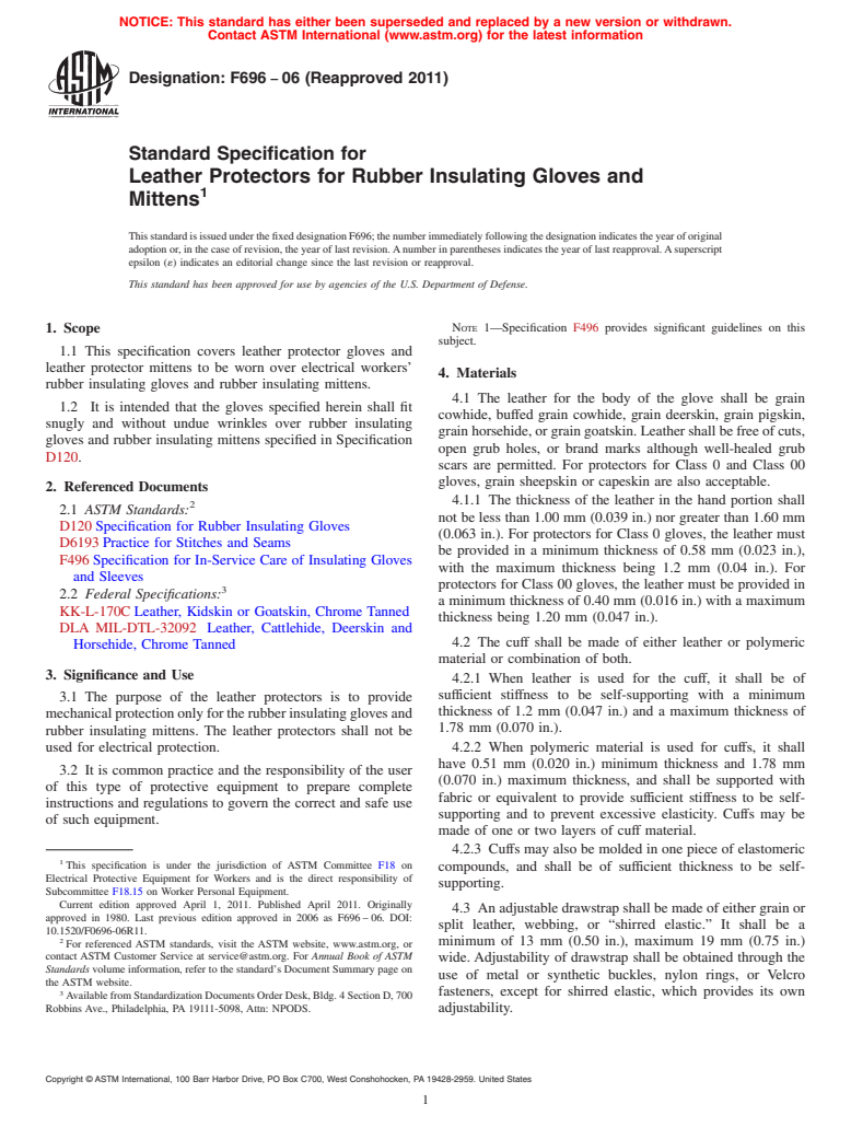 ASTM F696-06(2011) - Standard Specification for Leather Protectors for Rubber Insulating Gloves and Mittens