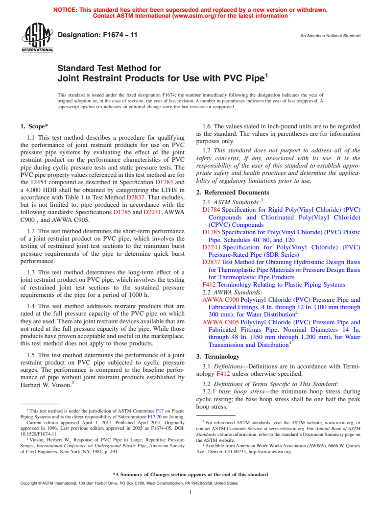 ASTM F1674-11 - Standard Test Method for Joint Restraint Products for Use with PVC Pipe