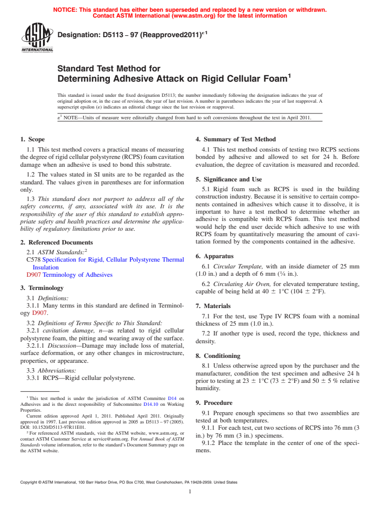 ASTM D5113-97(2011)e1 - Standard Test Method for Determining Adhesive Attack on Rigid Cellular Foam