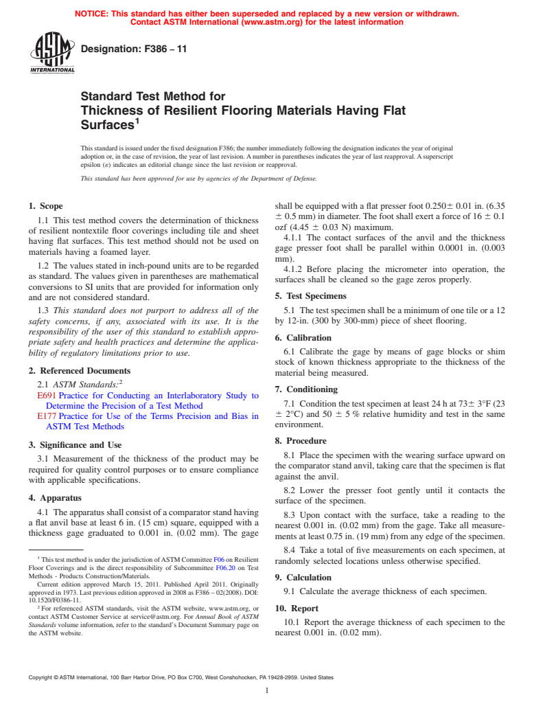 ASTM F386-11 - Standard Test Method for Thickness of Resilient Flooring Materials Having Flat Surfaces