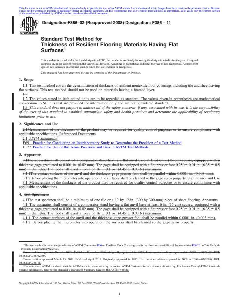 REDLINE ASTM F386-11 - Standard Test Method for Thickness of Resilient Flooring Materials Having Flat Surfaces