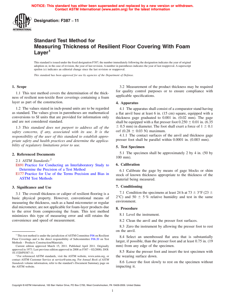 ASTM F387-11 - Standard Test Method for Measuring Thickness of Resilient Floor Covering With Foam Layer