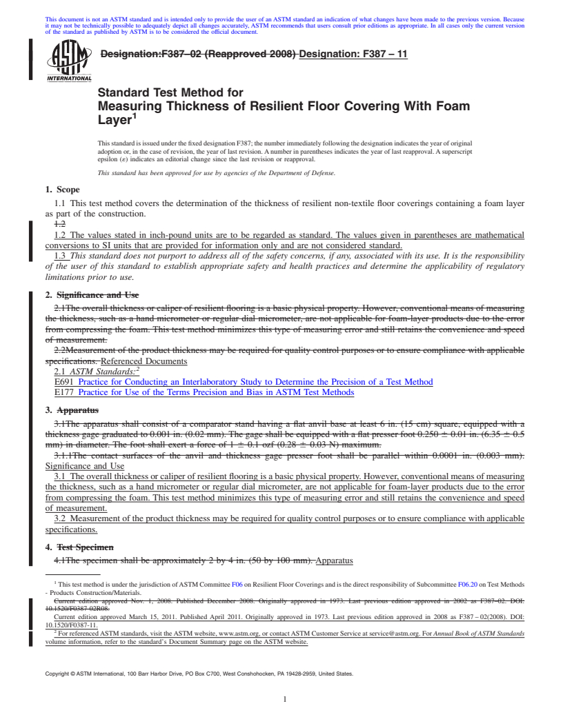 REDLINE ASTM F387-11 - Standard Test Method for Measuring Thickness of Resilient Floor Covering With Foam Layer