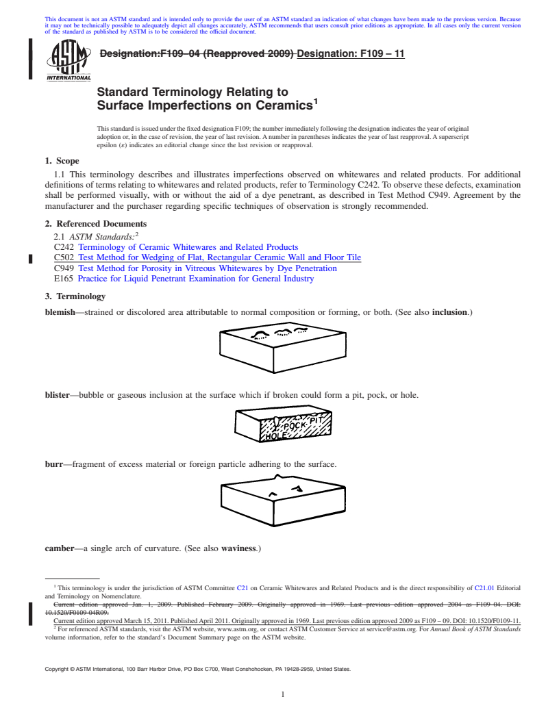 REDLINE ASTM F109-11 - Standard Terminology Relating to Surface Imperfections on Ceramics