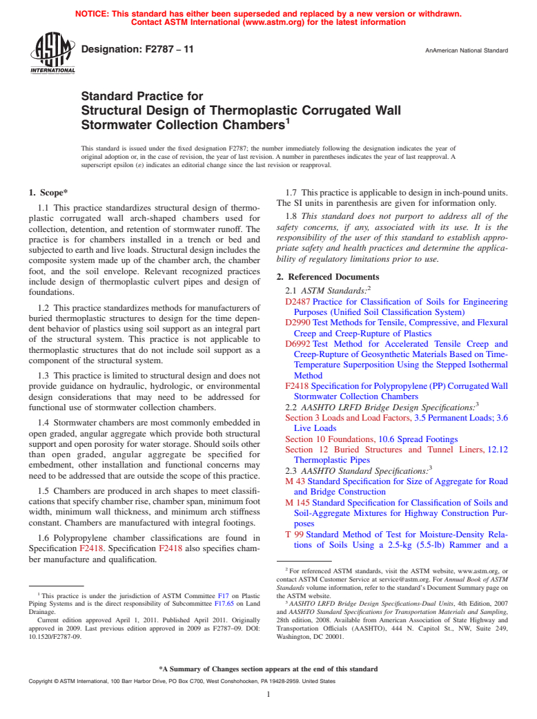 ASTM F2787-11 - Standard Practice for Structural Design of Thermoplastic Corrugated Wall Stormwater Collection Chambers