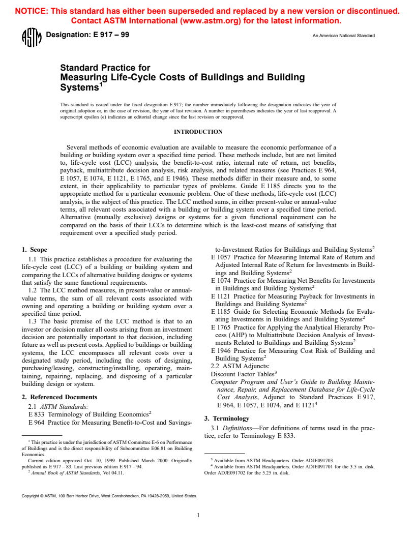 ASTM E917-99 - Standard Practice for Measuring Life-Cycle Costs of Buildings and Building Systems