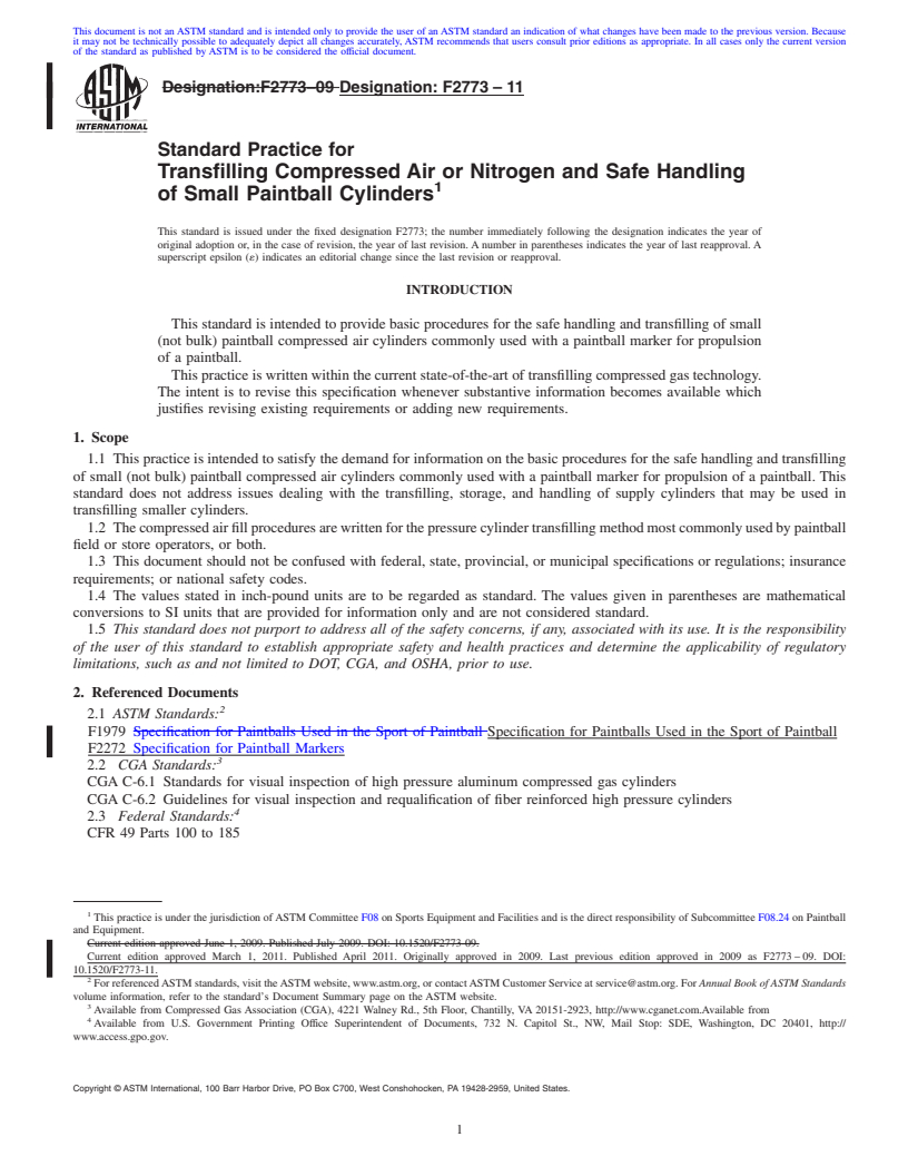 REDLINE ASTM F2773-11 - Standard Practice for Transfilling Compressed Air or Nitrogen and Safe Handling of Small Paintball Cylinders