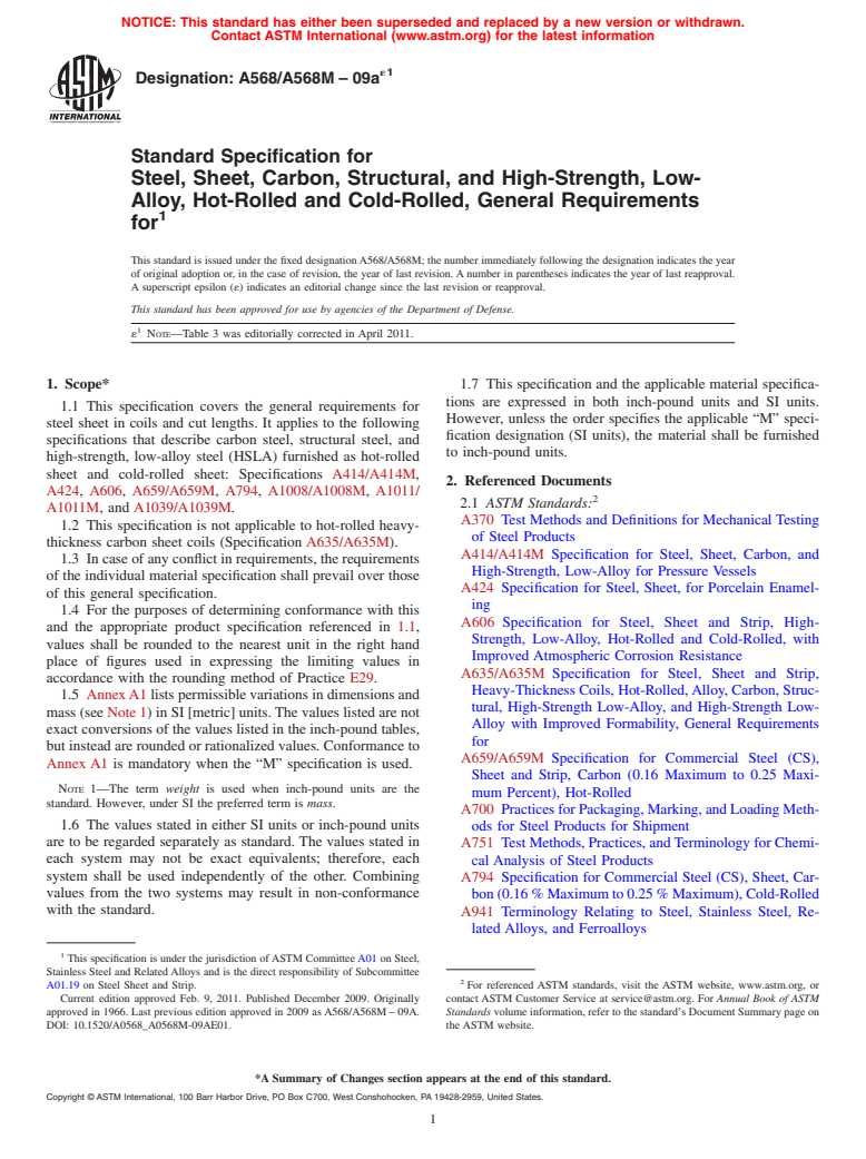 ASTM A568/A568M-09ae1 - Standard Specification for  Steel, Sheet, Carbon, Structural, and High-Strength, Low-Alloy,  Hot-Rolled  and Cold-Rolled, General Requirements for