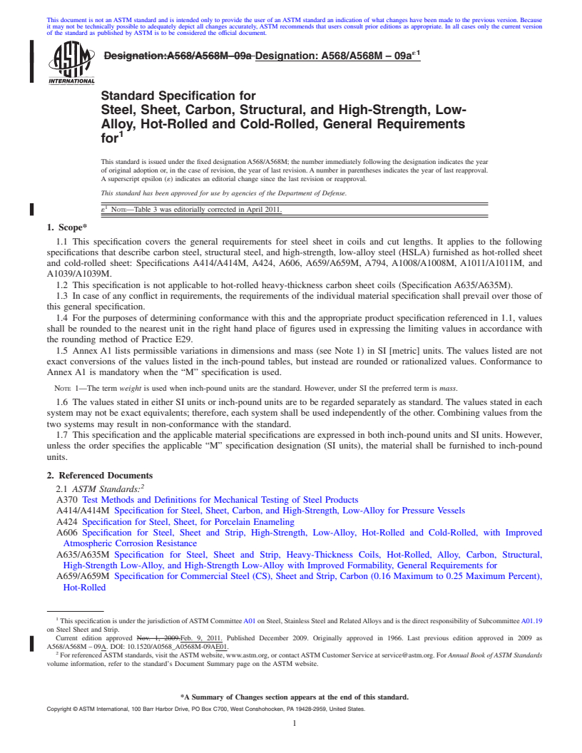 REDLINE ASTM A568/A568M-09ae1 - Standard Specification for  Steel, Sheet, Carbon, Structural, and High-Strength, Low-Alloy,  Hot-Rolled  and Cold-Rolled, General Requirements for