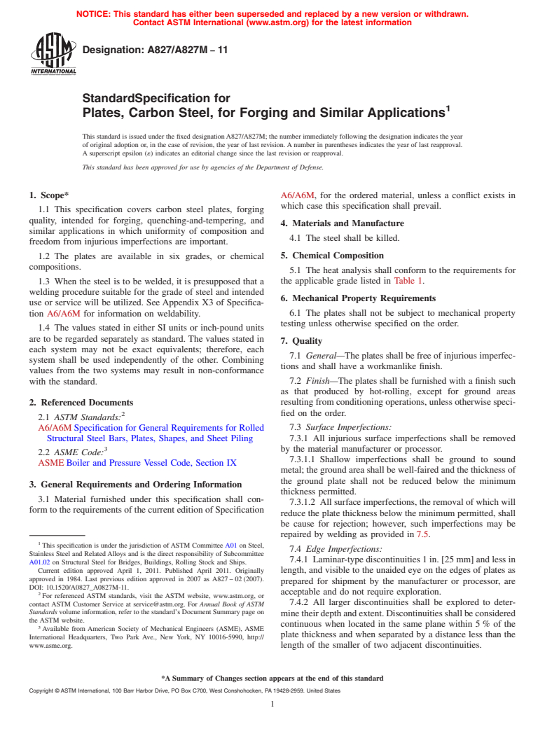 ASTM A827/A827M-11 - Standard Specification for Plates, Carbon Steel, for Forging and Similar Applications
