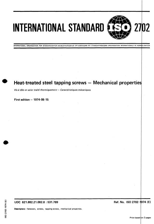 ISO 2702:1974 - Heat-treated steel tapping screws -- Mechanical properties