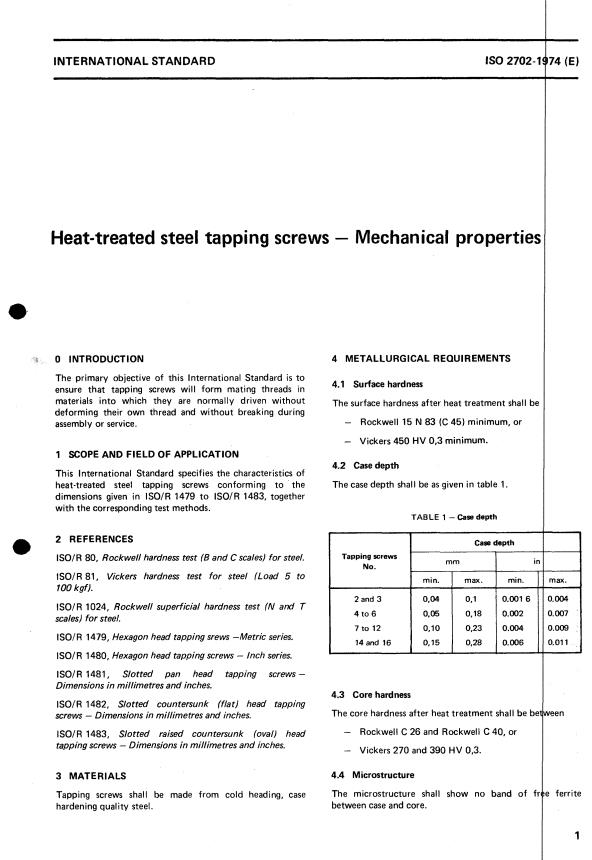 ISO 2702:1974 - Heat-treated steel tapping screws -- Mechanical properties