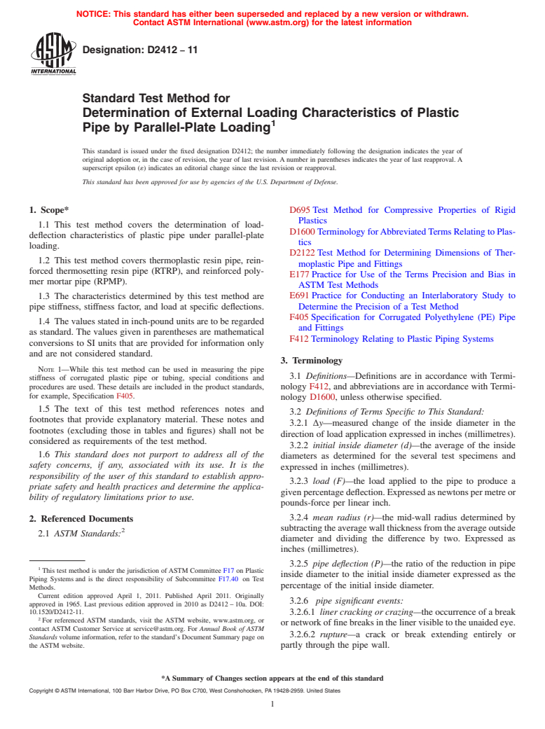 ASTM D2412-11 - Standard Test Method for  Determination of External Loading Characteristics of Plastic Pipe by Parallel-Plate Loading