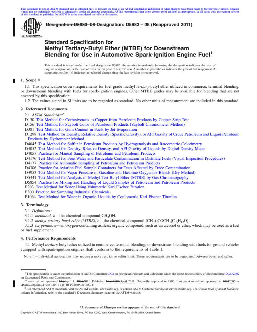 REDLINE ASTM D5983-06(2011) - Standard Specification for Methyl Tertiary-Butyl Ether (MTBE) for Downstream Blending for Use in Automotive Spark-Ignition Engine Fuel