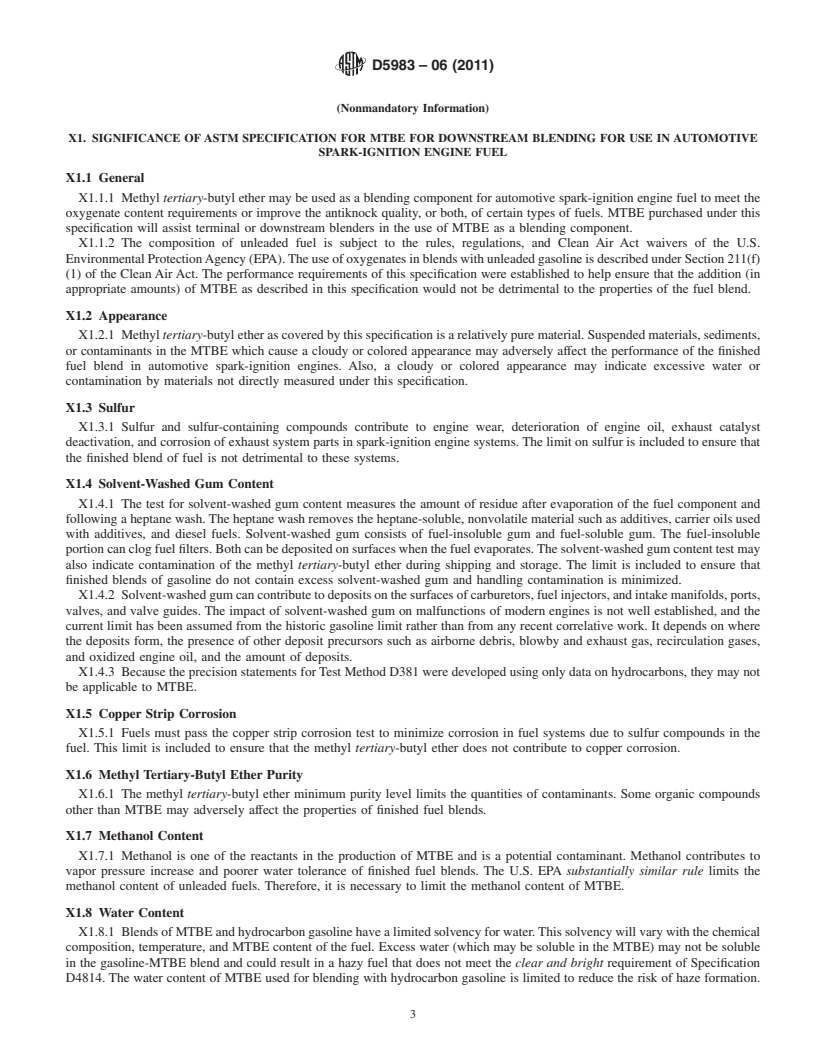 REDLINE ASTM D5983-06(2011) - Standard Specification for Methyl Tertiary-Butyl Ether (MTBE) for Downstream Blending for Use in Automotive Spark-Ignition Engine Fuel