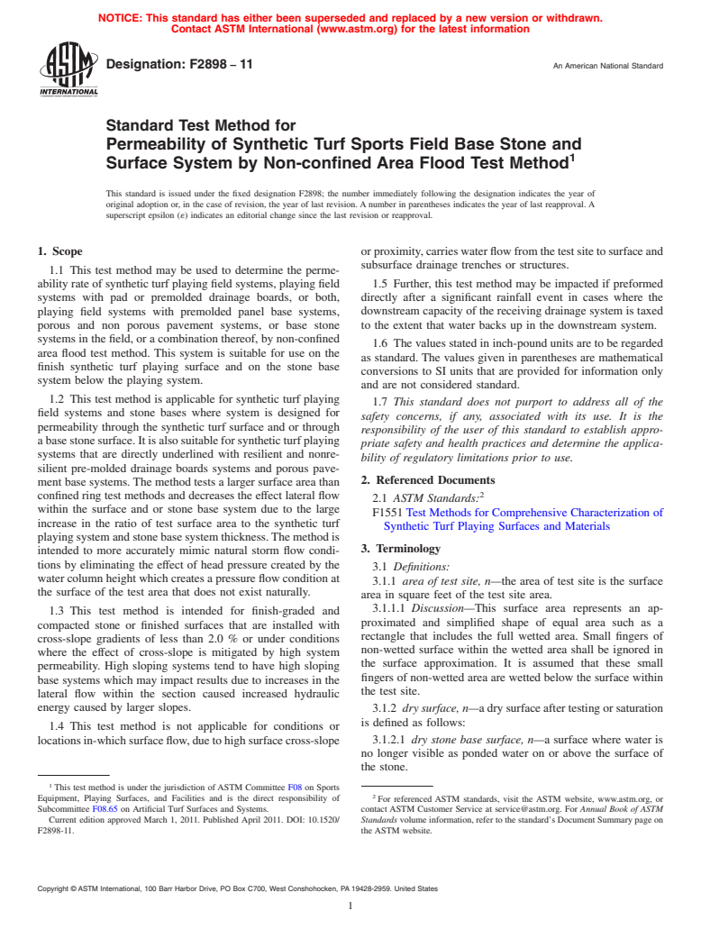 ASTM F2898-11 - Standard Test Method for Permeability of Synthetic Turf Sports Field Base Stone and Surface System by Non-confined Area Flood Test Method