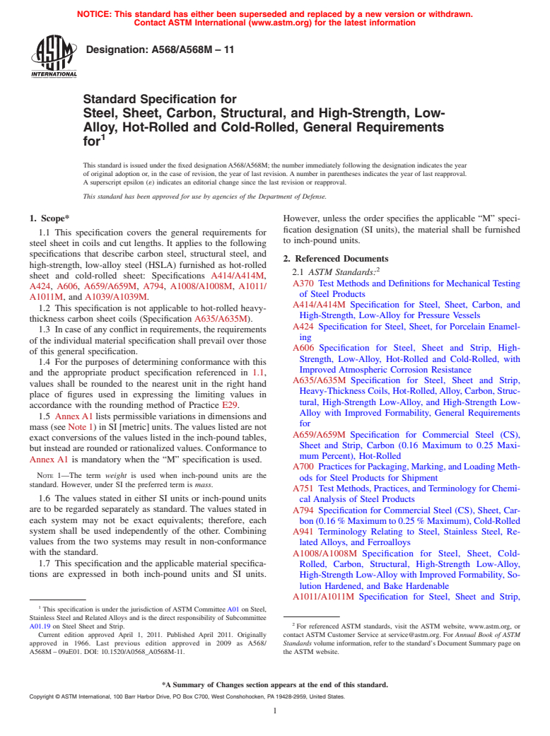 ASTM A568/A568M-11 - Standard Specification for  Steel, Sheet, Carbon, Structural, and High-Strength, Low-Alloy,  Hot-Rolled  and Cold-Rolled, General Requirements for