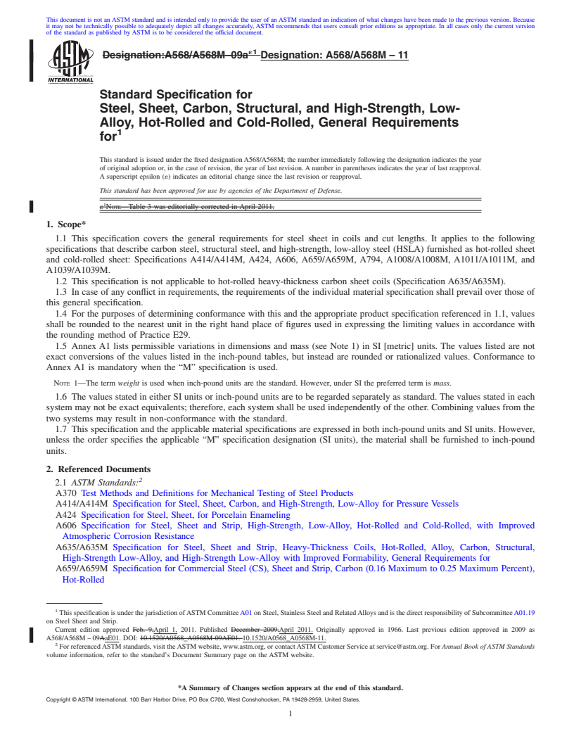 REDLINE ASTM A568/A568M-11 - Standard Specification for  Steel, Sheet, Carbon, Structural, and High-Strength, Low-Alloy,  Hot-Rolled  and Cold-Rolled, General Requirements for