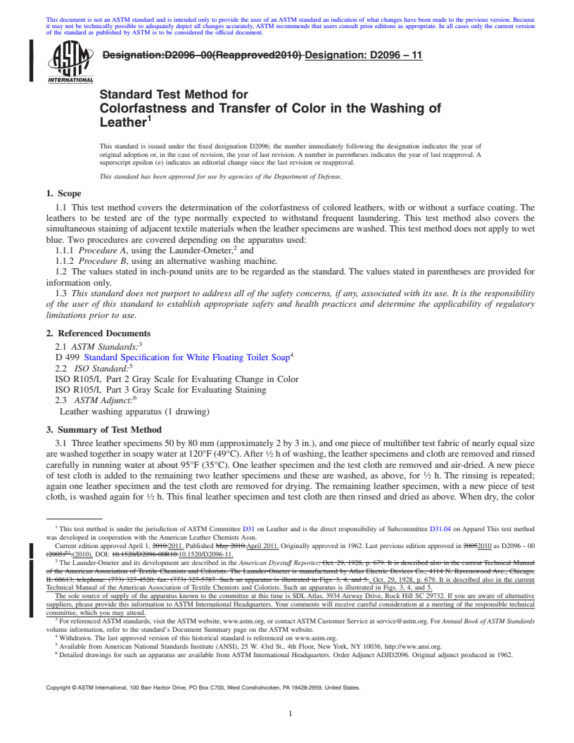 REDLINE ASTM D2096-11 - Standard Test Method for Colorfastness and Transfer of Color in the Washing of Leather