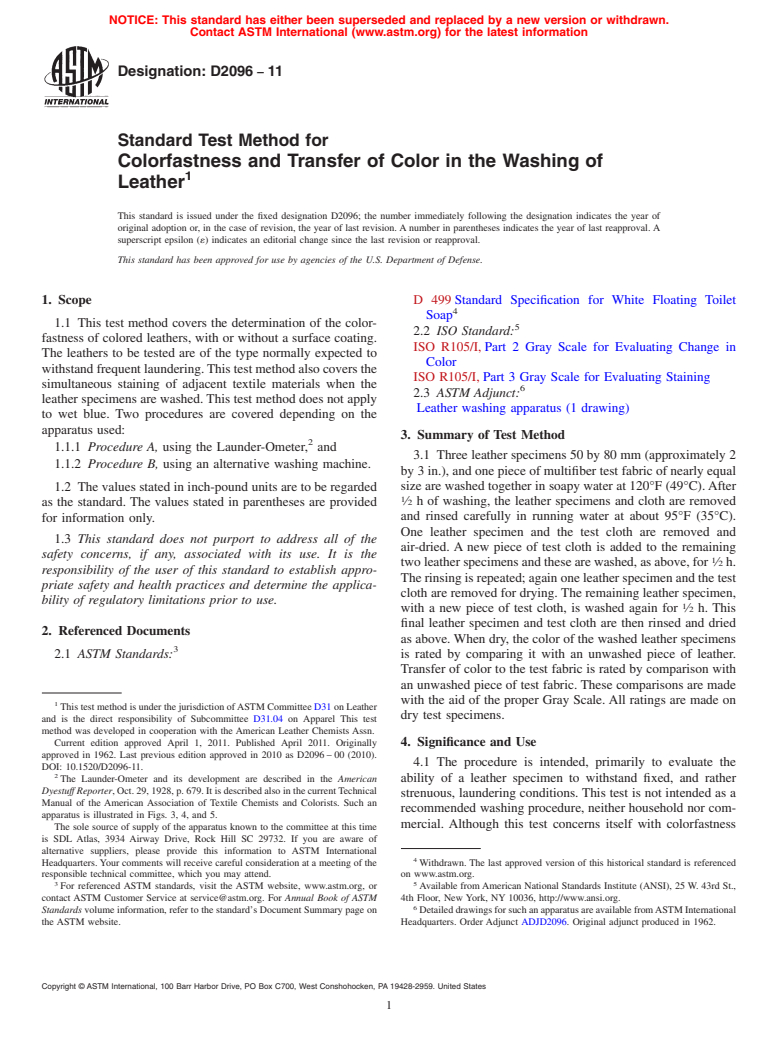 ASTM D2096-11 - Standard Test Method for Colorfastness and Transfer of Color in the Washing of Leather