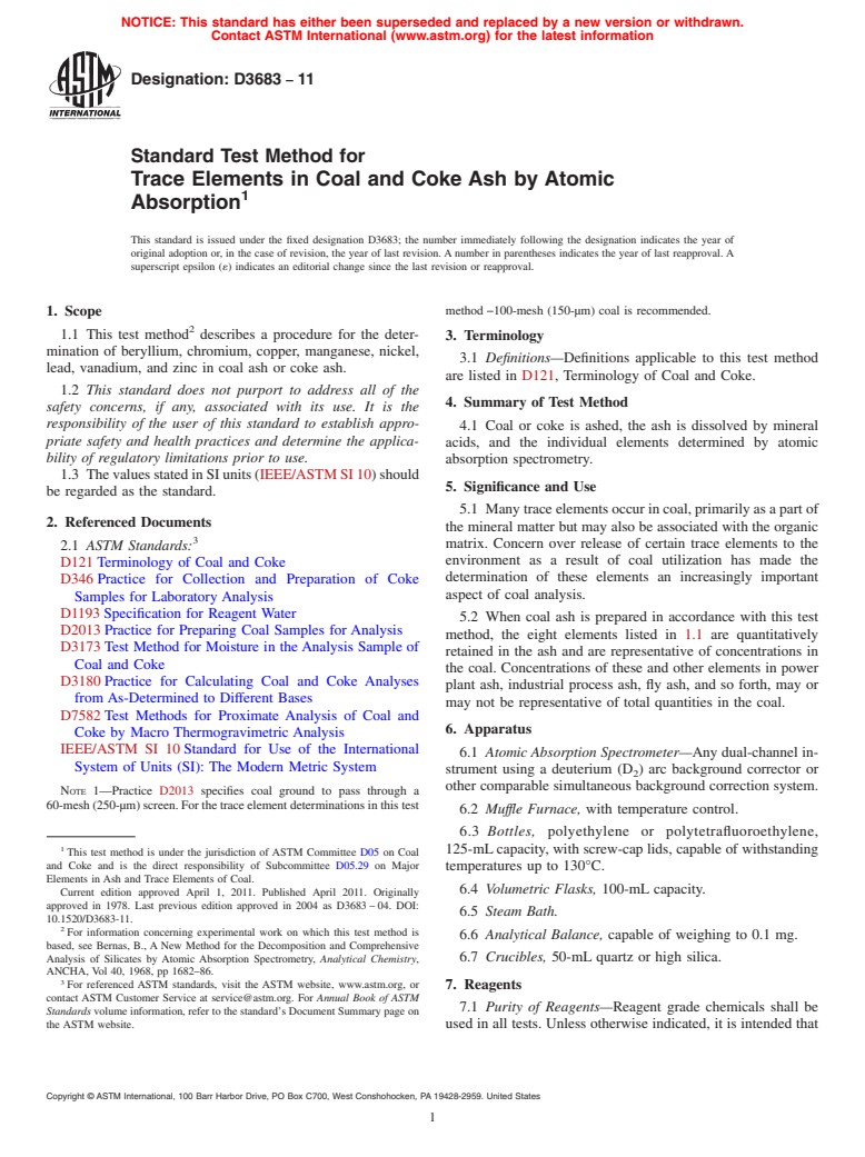 ASTM D3683-11 - Standard Test Method for Trace Elements in Coal and Coke Ash by Atomic Absorption (Withdrawn 2018)