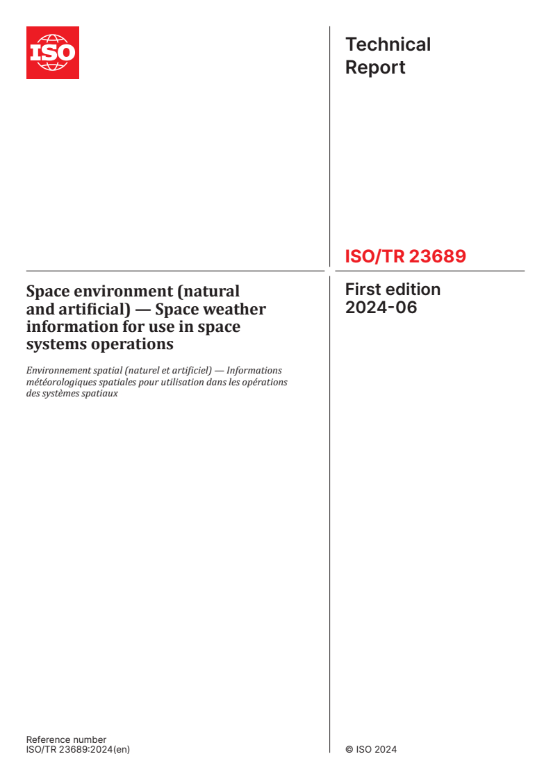 ISO/TR 23689:2024 - Space environment (natural and artificial) — Space weather information for use in space systems operations
Released:21. 06. 2024