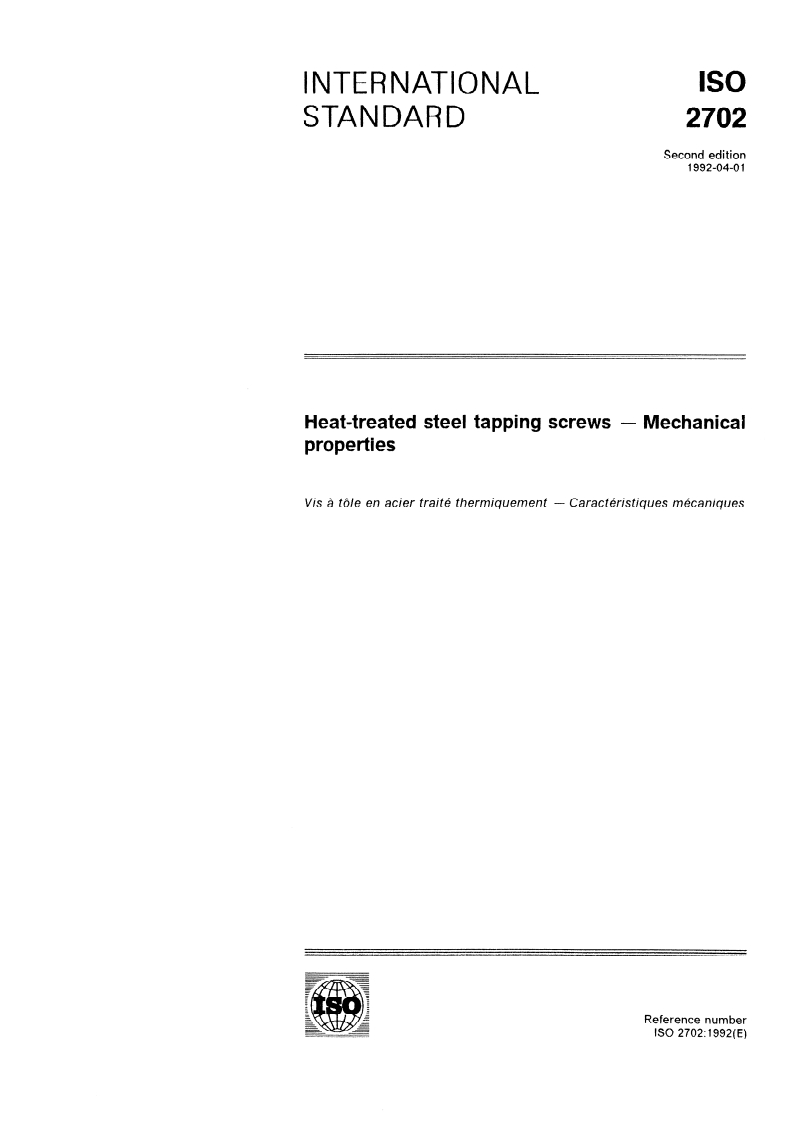 ISO 2702:1992 - Heat-treated steel tapping screws — Mechanical properties
Released:3/25/1992
