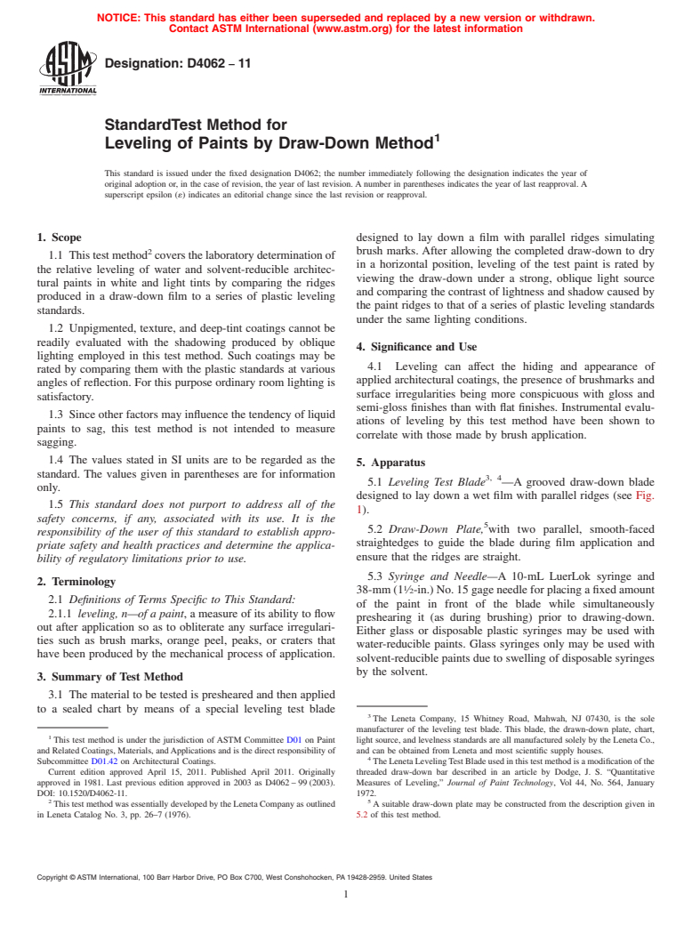 ASTM D4062-11 - Standard Test Method for Leveling of Paints by Draw-Down Method