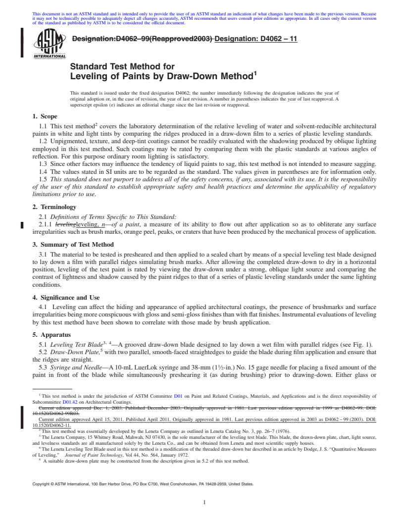 REDLINE ASTM D4062-11 - Standard Test Method for Leveling of Paints by Draw-Down Method