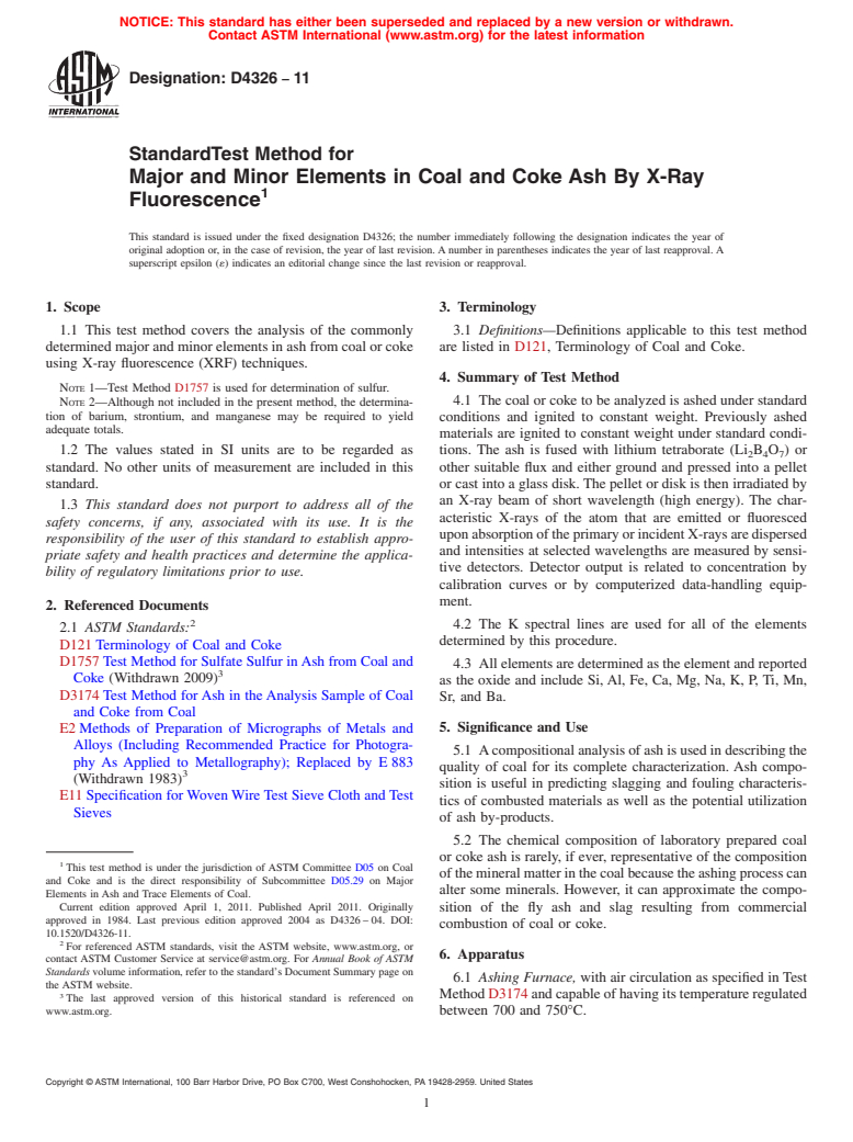 ASTM D4326-11 - Standard Test Method for Major and Minor Elements in Coal and Coke Ash By X-Ray Fluorescence