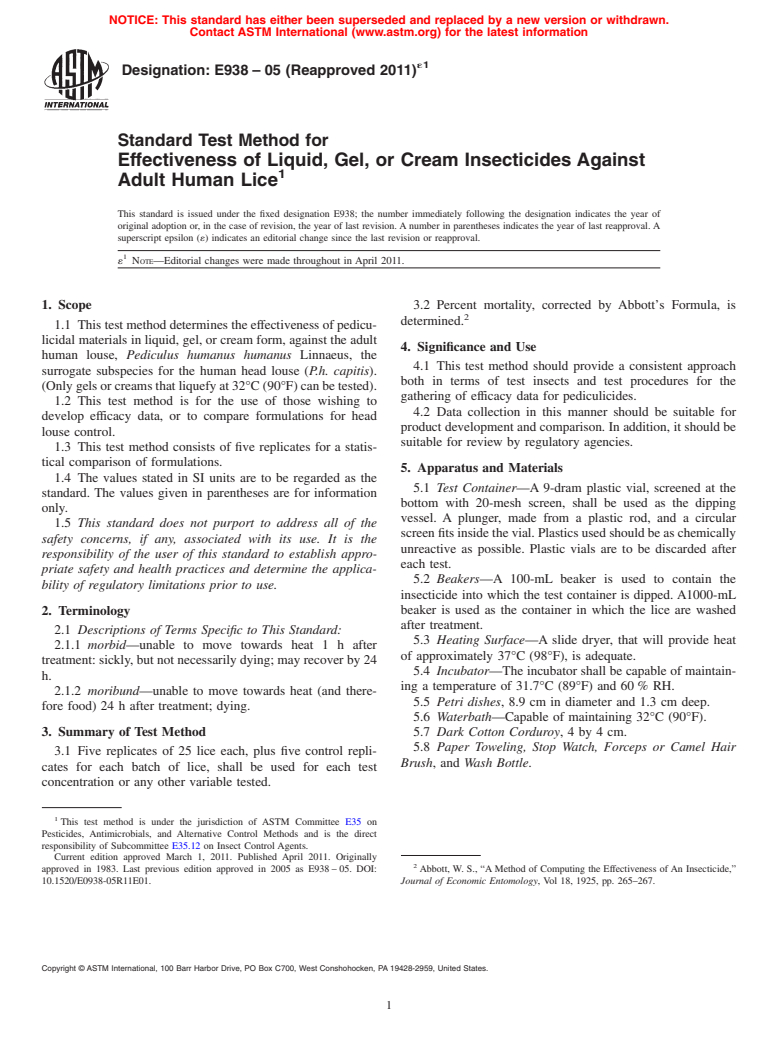 ASTM E938-05(2011)e1 - Standard Test Method for Effectiveness of Liquid, Gel, or Cream Insecticides Against Adult Human Lice